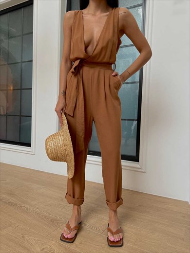 Design Linen Women Jumpsuit Brown