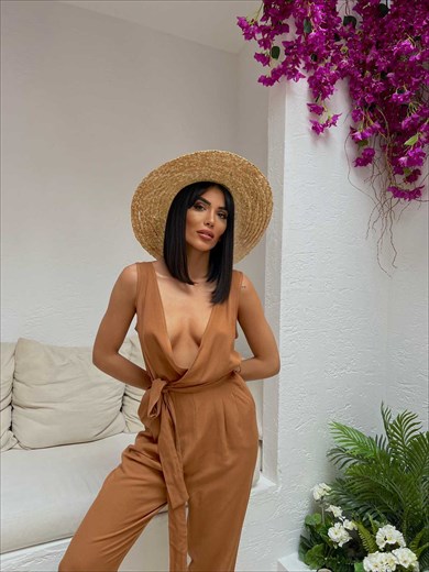 Design Linen Women Jumpsuit Brown