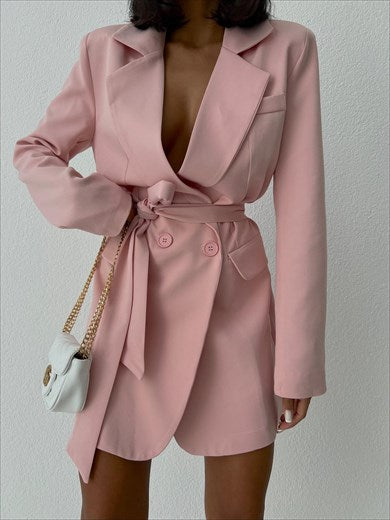 Double Fabric Belted Button Detail Jacket Dress Powder