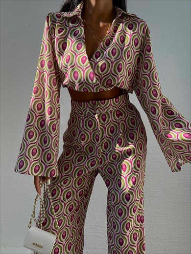 Geometric Pattern Palazzo Pants Bat Sleeve Blouse Women's Suit Patterned