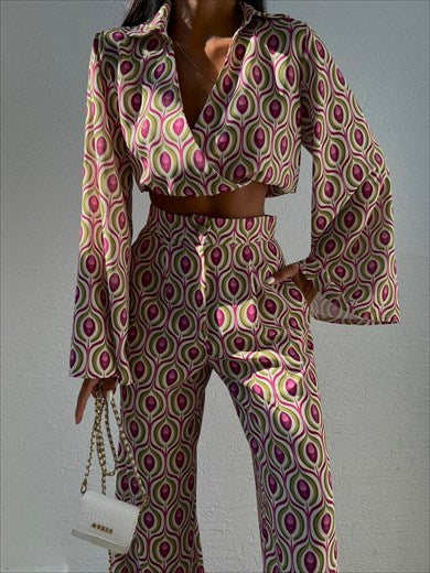 Geometric Pattern Palazzo Pants Bat Sleeve Blouse Women's Suit Patterned