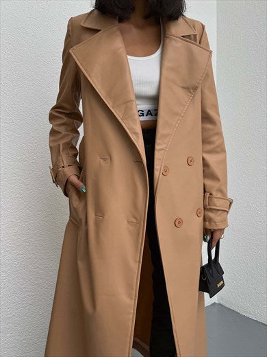 Women's Lined Leather Maxi Trench Coat Beige