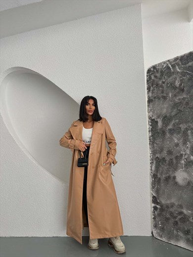 Women's Lined Leather Maxi Trench Coat Beige