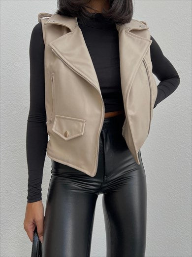 Women's Leather Zippered Vest Stone