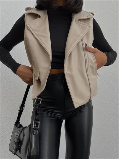 Women's Leather Zippered Vest Stone