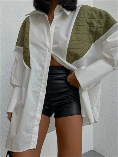 Women's Quilted Sleeve Detail Poplin Boyfriend Shirt Khaki