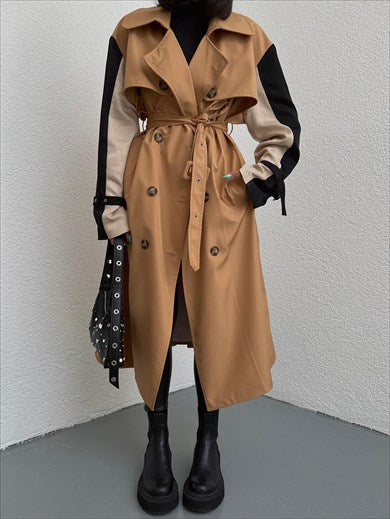 Women's Special Design Sleeve Satin Detailed Oversize Trench Coat Beige