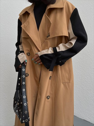 Women's Special Design Sleeve Satin Detailed Oversize Trench Coat Beige