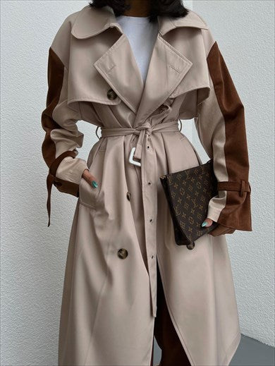 Women's Special Design Sleeve Satin Detailed Oversize Trench Coat Stone