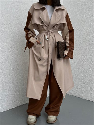 Women's Special Design Sleeve Satin Detailed Oversize Trench Coat Stone