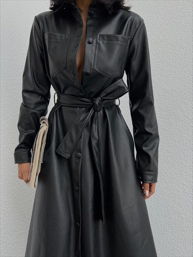 Belted Leather Flared Dress Black