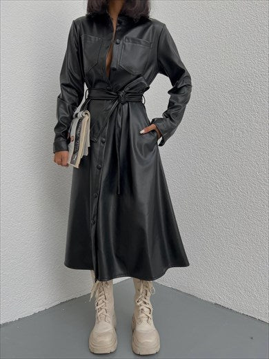 Belted Leather Flared Dress Black