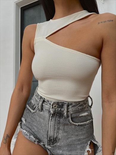 One Shoulder Ribbed Bodysuit Ecru