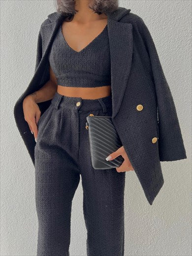 Tweed Fabric Crop Blazer Trousers 3-Piece Suit Black