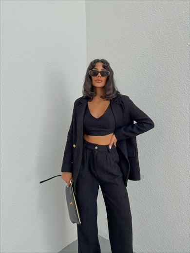 Tweed Fabric Crop Blazer Trousers 3-Piece Suit Black