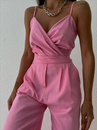 Waist Fitted Strap Linen Jumpsuit Pink