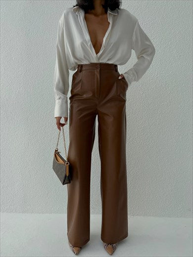 Wide Cut Buttoned Leather Women's Trousers Brown