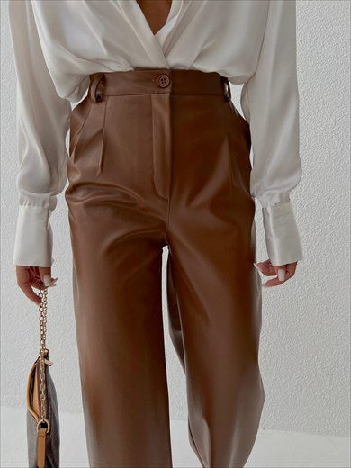 Wide Cut Buttoned Leather Women's Trousers Brown