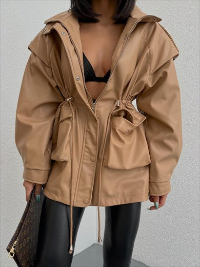 Women's Adjustable Waist Oversize Design Leather Coat Beige