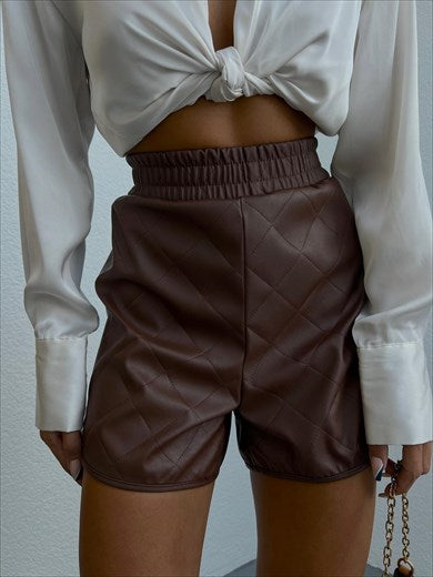 Women's Baklava Leather Pattern Elastic Waist Mini Shorts Brown