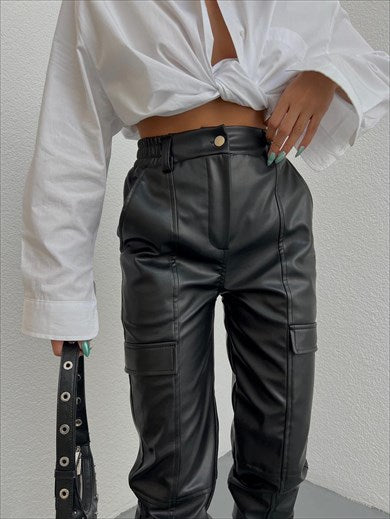 Women's Elastic Waist Leather Cargo Jogger Pants Black