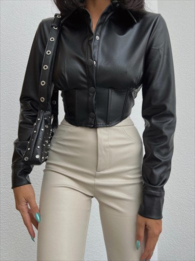 Women's Leather Waist Corset Crop Shirt Black