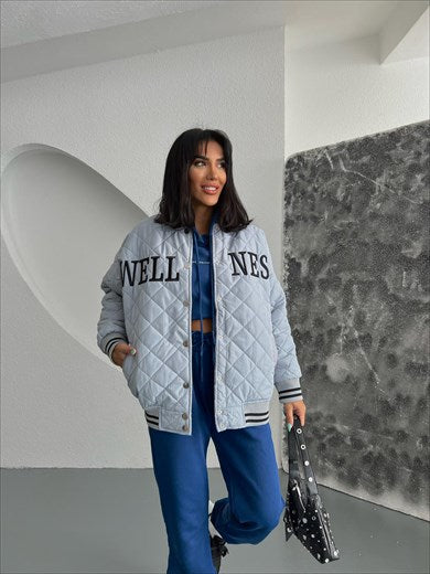 Women's Quilted Ribbed College Bomber Gray