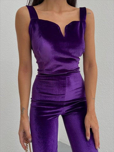 Women's Strap Shiny Velvet Jumpsuit Purple