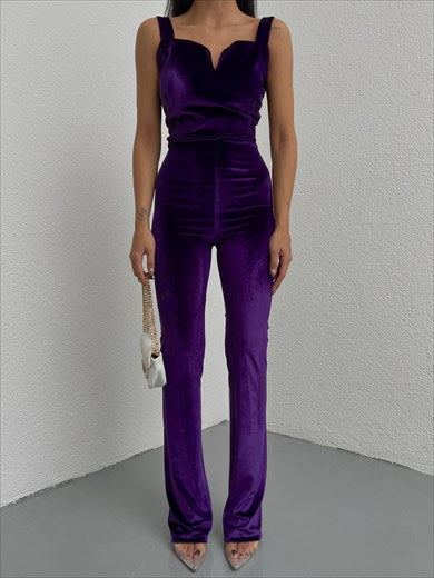 Women's Strap Shiny Velvet Jumpsuit Purple