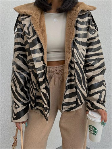 Women's Zebra Pattern Leather & Shearling Jacket Coat Stone-Black